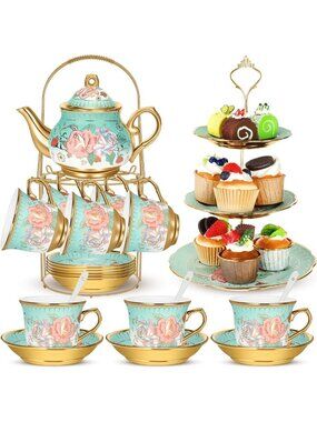 Elegant 21-Piece Porcelain Tea Set with 3-Tier Dessert Stand - Green Summer